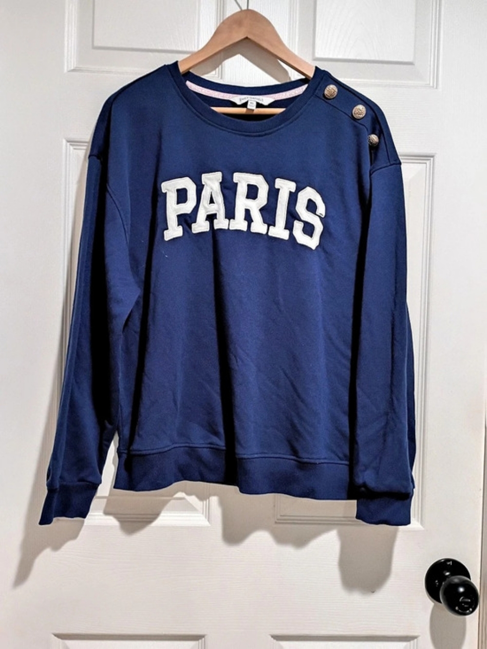 Emily Daniels Paris Applique Shoulder Button Sweatshirt Blue & White XL